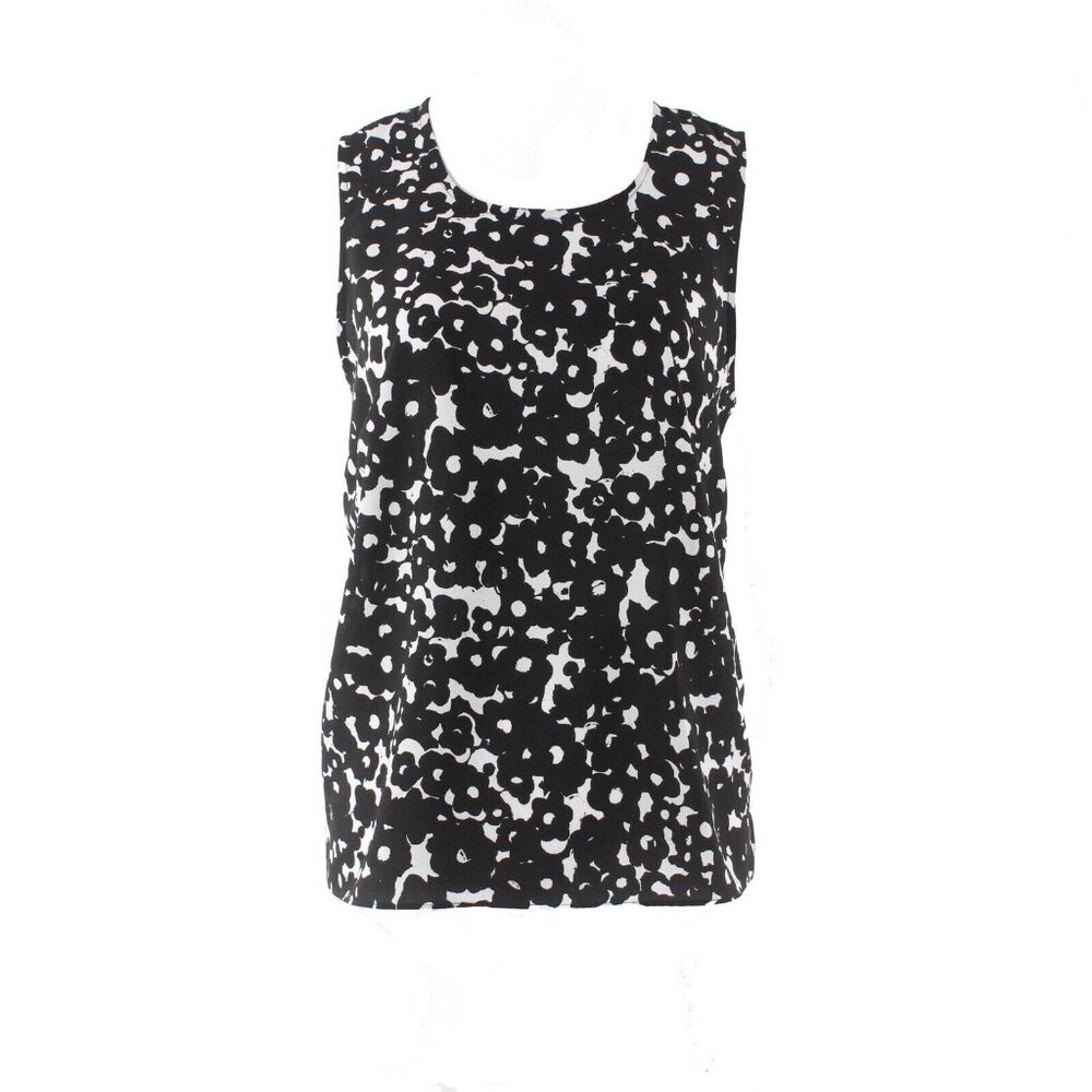 CAbi Sz S Black White Floral Hi Lo Single Back Neck Button 100% Poly Top